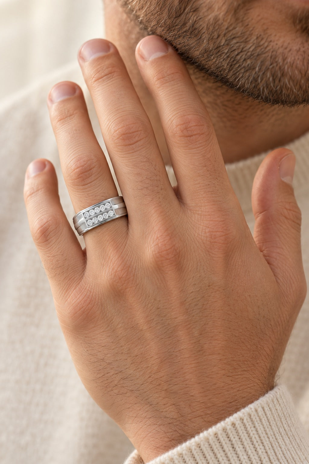 14K White Gold 0.50 ctw Lab Grown Diamond Mens Ring - worn