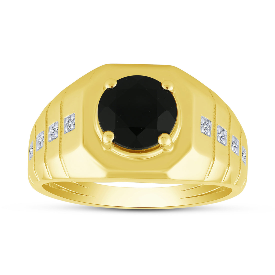 10K Yellow Gold Round Black Onyx and Lab-Grown Diamond Men's Fashion Ring – 0.08 CTW - product
