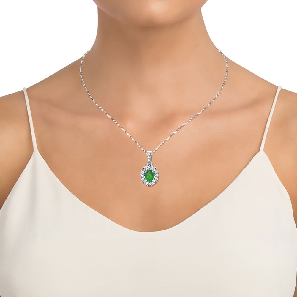 14K White Gold 0.35 ctw Diamond Green Emerald Pendant
