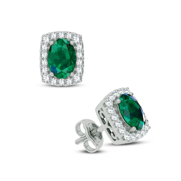 14K WHITE GOLD 0.18 CTw DIAMOND GREEN EMERALD EARRINGS