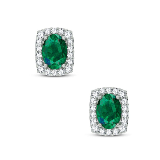 14K WHITE GOLD 0.18 CTw DIAMOND GREEN EMERALD EARRINGS