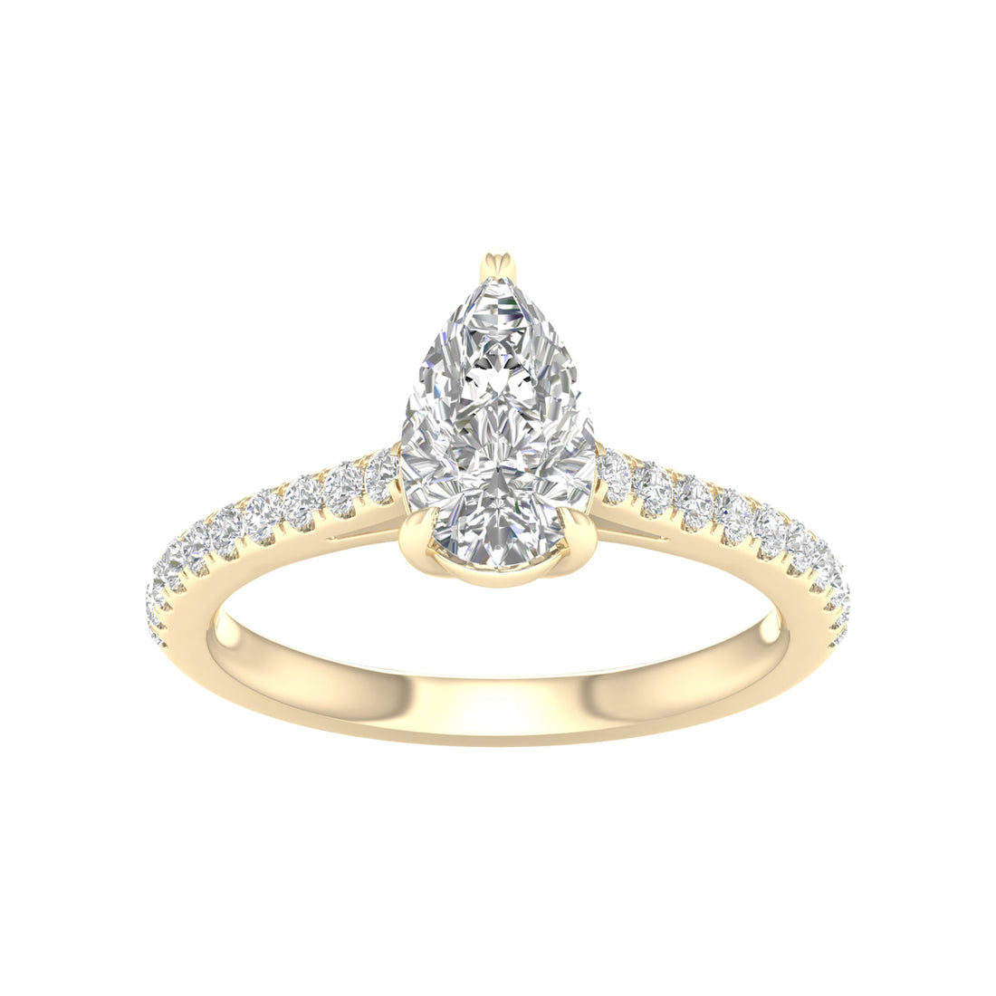 A 14K yellow gold ring featuring a lab-grown pear diamond centerpiece, surrounded by a band of smaller diamonds.