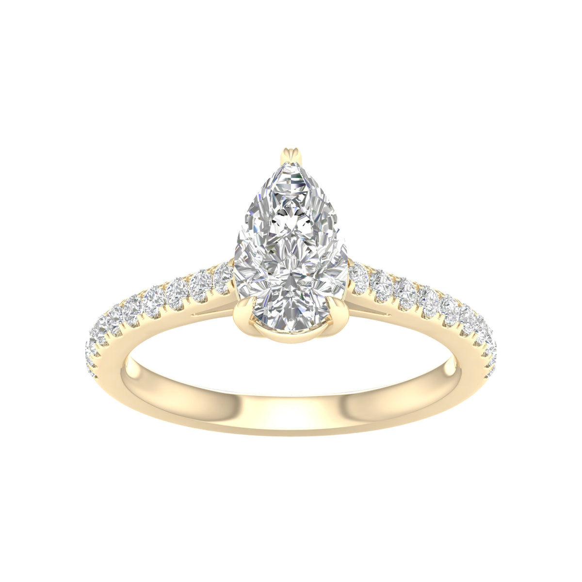 A 14K yellow gold ring featuring a lab-grown pear diamond centerpiece, surrounded by a band of smaller diamonds.