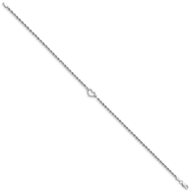 14k White Gold Diamond-cut Rope with Heart 9in Anklet