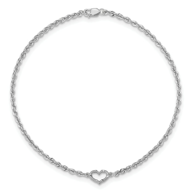 14k White Gold Diamond-cut Rope with Heart 9in Anklet