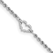 14k White Gold Diamond-cut Rope with Heart 9in Anklet