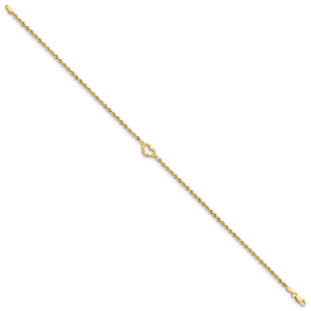 14k Diamond-cut Open Heart Rope 9inch Anklet