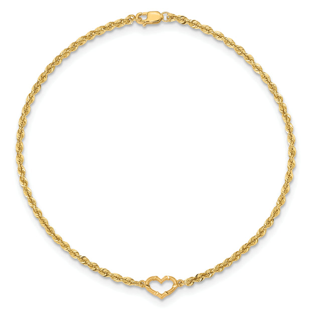 14k Diamond-cut Open Heart Rope 9inch Anklet