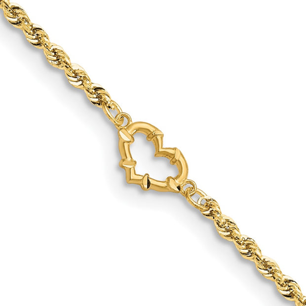14k Diamond-cut Open Heart Rope 9inch Anklet