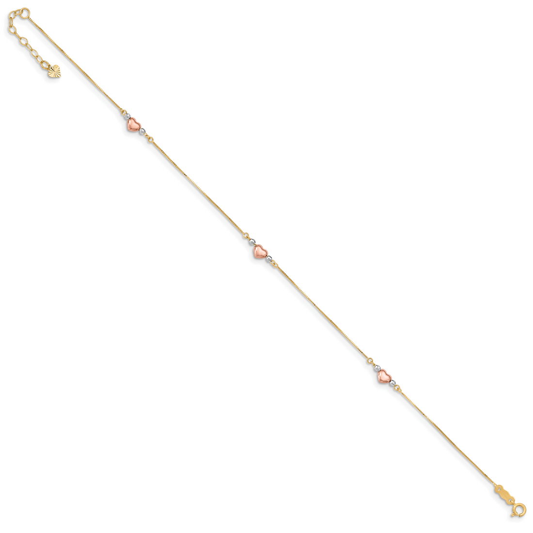 14K Tri-Color Puffed Heart 9In Plus 1In Ext Anklet
