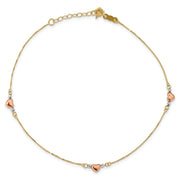 14k Tri-Color Puffed Heart 9in Plus 1in ext Anklet