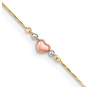 14k Tri-Color Puffed Heart 9in Plus 1in ext Anklet