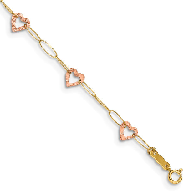 14k Two-tone Adjustable Heart 9in Plus 1in extension Anklet