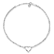 14k White Gold Double Strand Heart 10in Plus 1in ext. Anklet