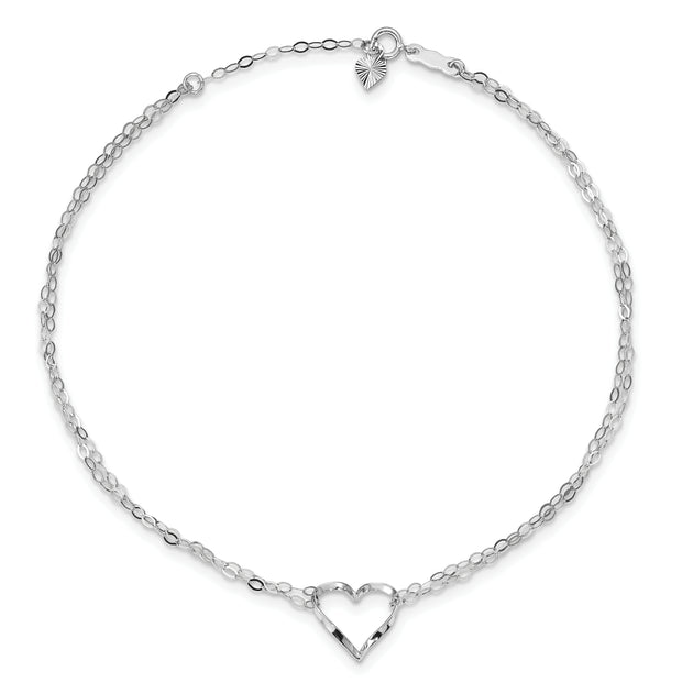 14k White Gold Double Strand Heart 10in Plus 1in ext. Anklet