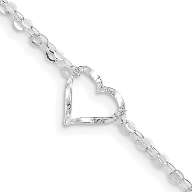 14k White Gold Double Strand Heart 10in Plus 1in ext. Anklet