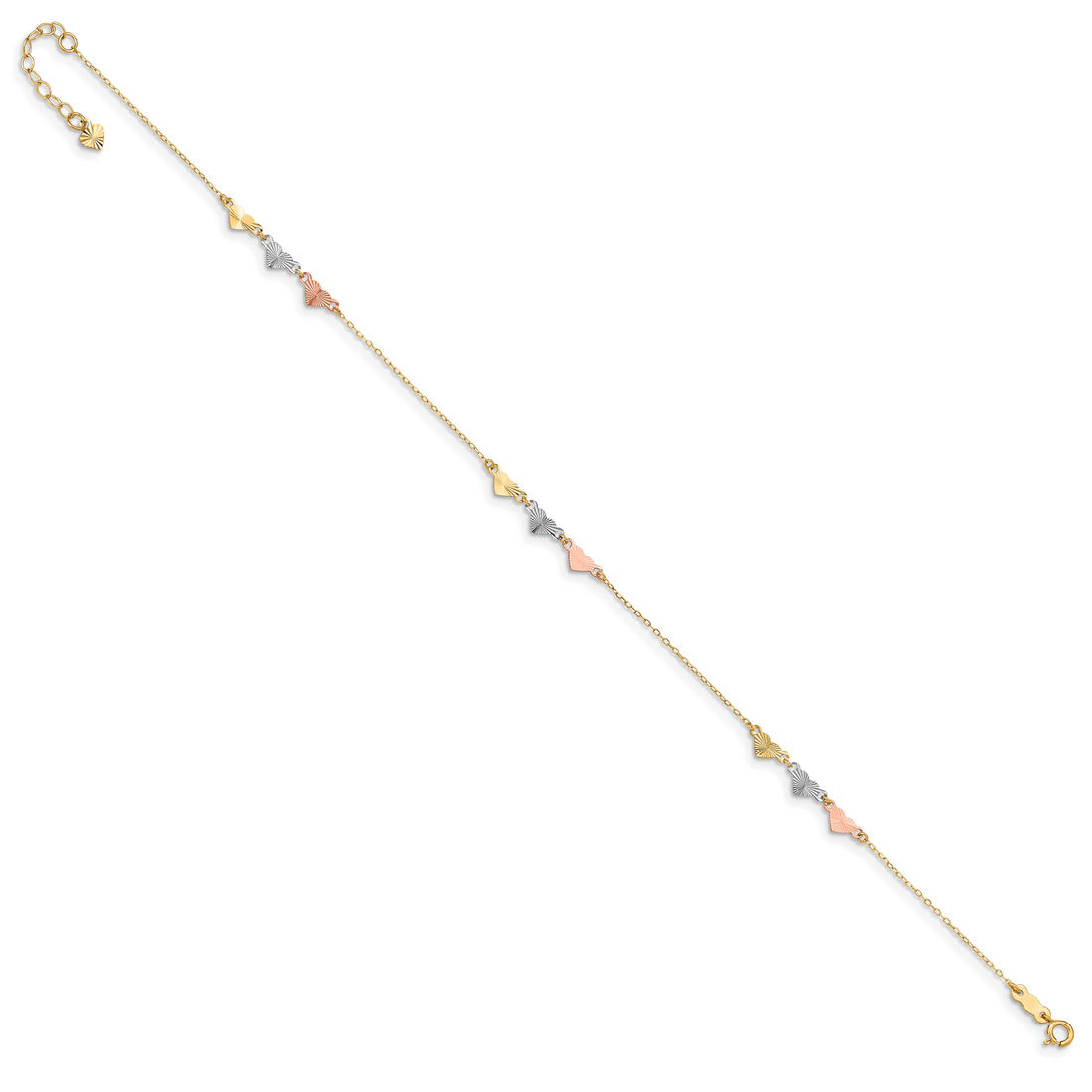 14K Tri-Color Diamond-Cut Hearts 9In Plus 1In Ext  Anklet