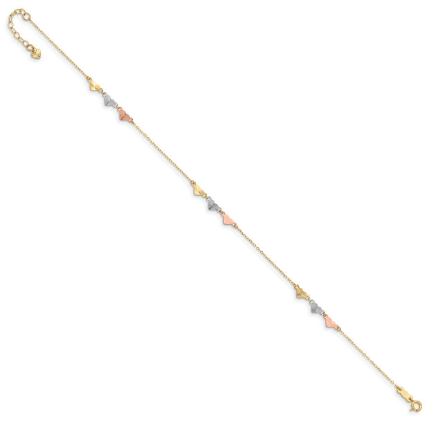 14K Tri-Color Diamond-cut Hearts 9in Plus 1in ext  Anklet