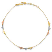 14K Tri-Color Diamond-cut Hearts 9in Plus 1in ext  Anklet