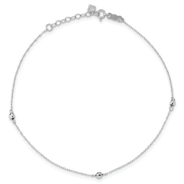 14K White Gold Mirror Beaded 9in Plus 1in ext. Anklet