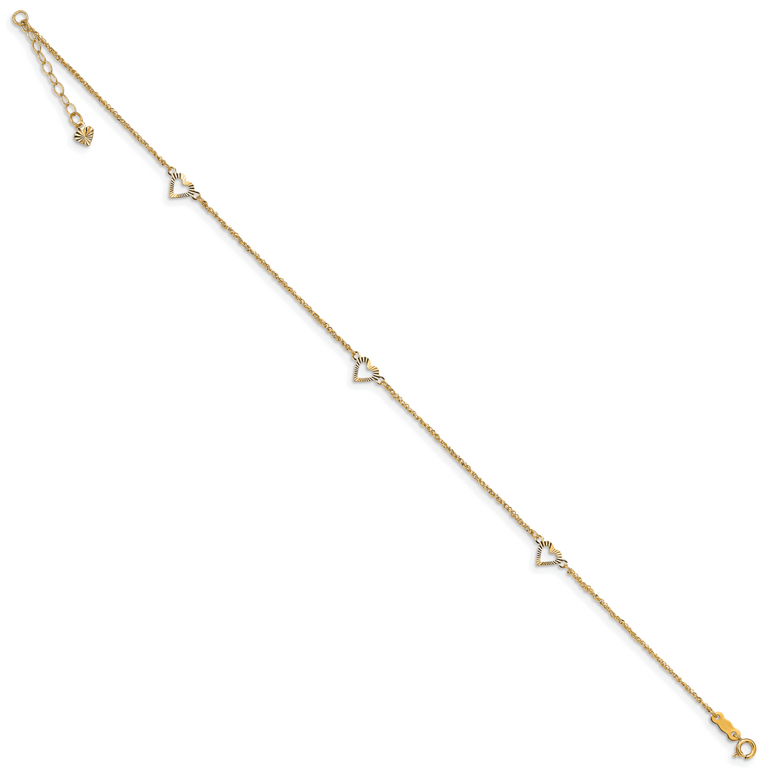 14K Diamond-Cut Hearts 9In Plus 1In Ext Anklet