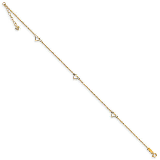 14k Diamond-cut Hearts 9in Plus 1in ext Anklet