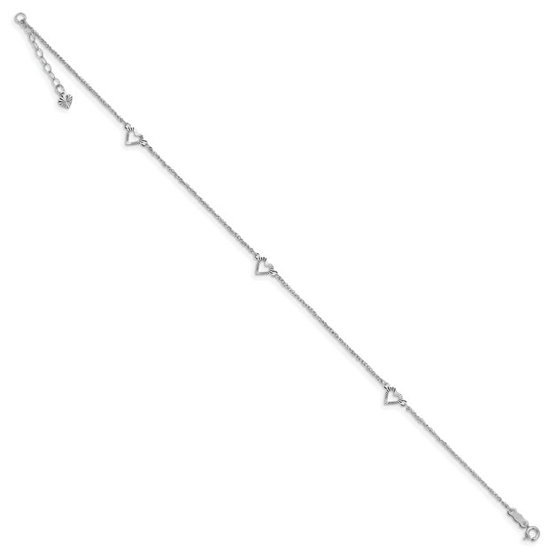 14k White Gold Diamond-cut Hearts 9in Plus 1in ext Anklet
