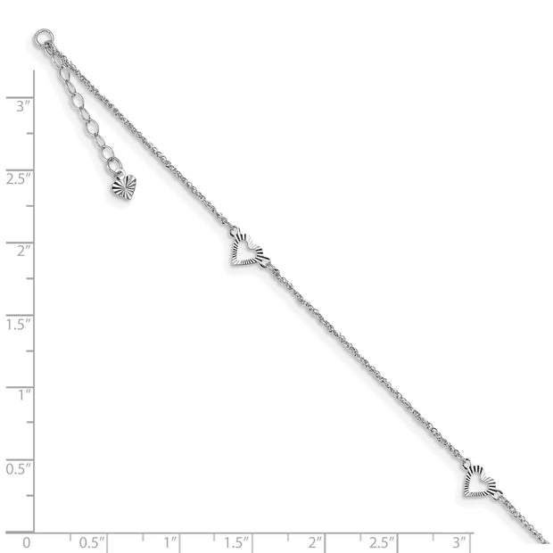 14k White Gold Diamond-cut Hearts 9in Plus 1in ext Anklet