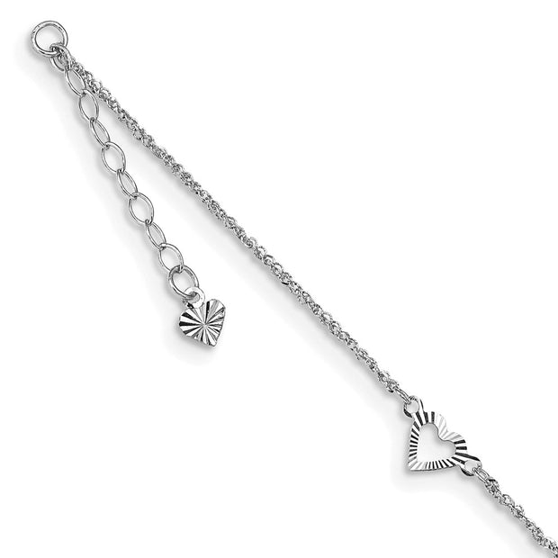 14k White Gold Diamond-cut Hearts 9in Plus 1in ext Anklet