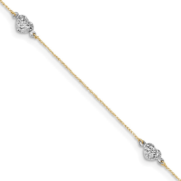 14k Two-tone Puff Heart 9in Plus 1in ext Anklet