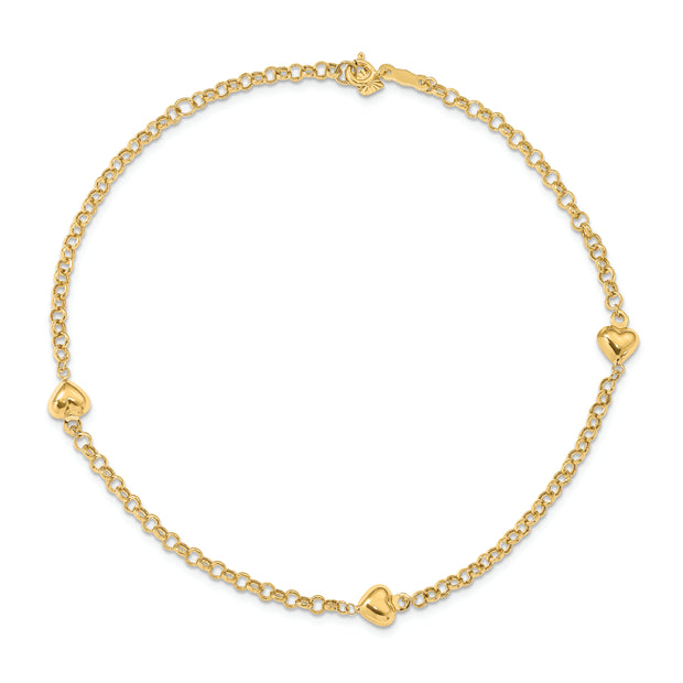 14k Puff Heart 10in Anklet