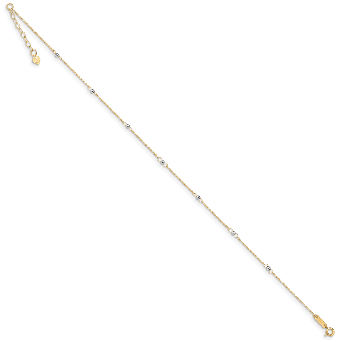 14K Two-Tone Rope Mirror Bead 9In Plus 1In Ext. Anklet