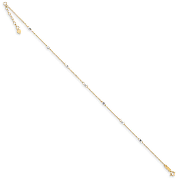 14K Two-tone Rope Mirror Bead 9in Plus 1in Ext. Anklet