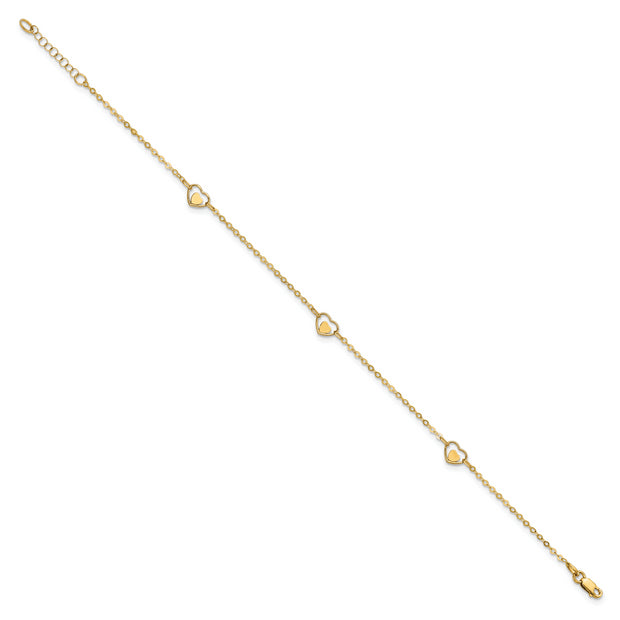 14K Polished Heart 9in Plus 1in ext Anklet