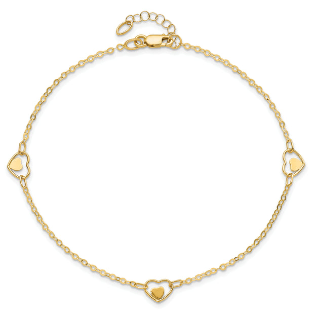 14K Polished Heart 9in Plus 1in ext Anklet