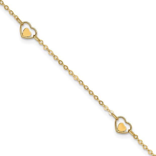 14K Polished Heart 9in Plus 1in ext Anklet