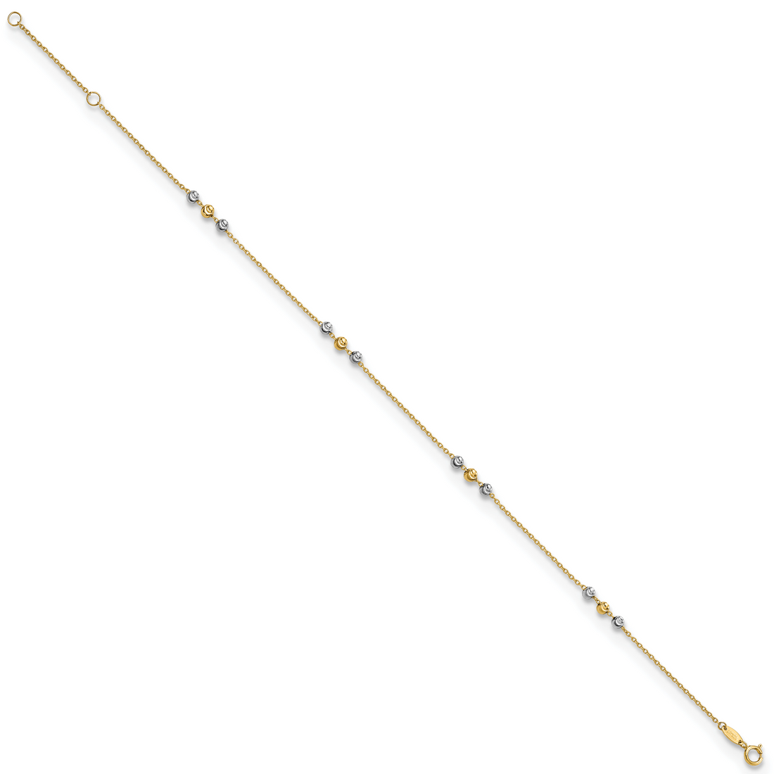 14K Two-Tone Polished Diamond-Cut Beaded 9In Plus 1 In Ext. Anklet