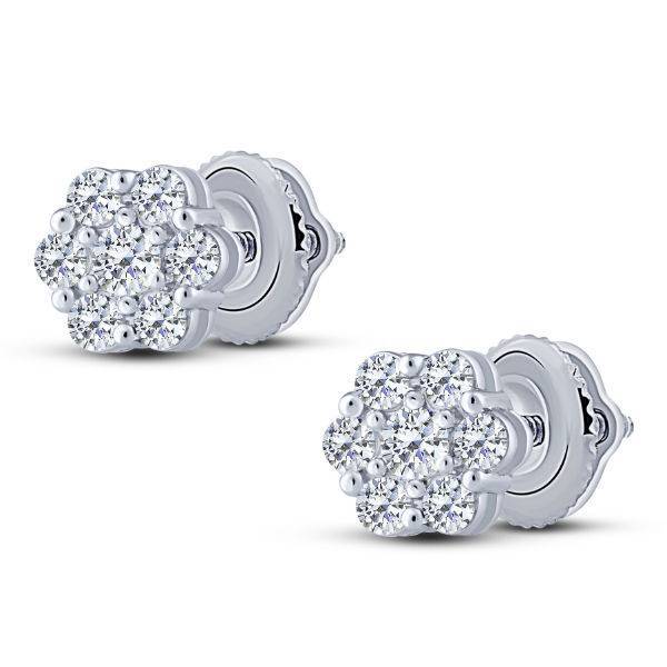 14K White Gold 0.50 CTW Round Diamond Flower Cluster Stud Earrings