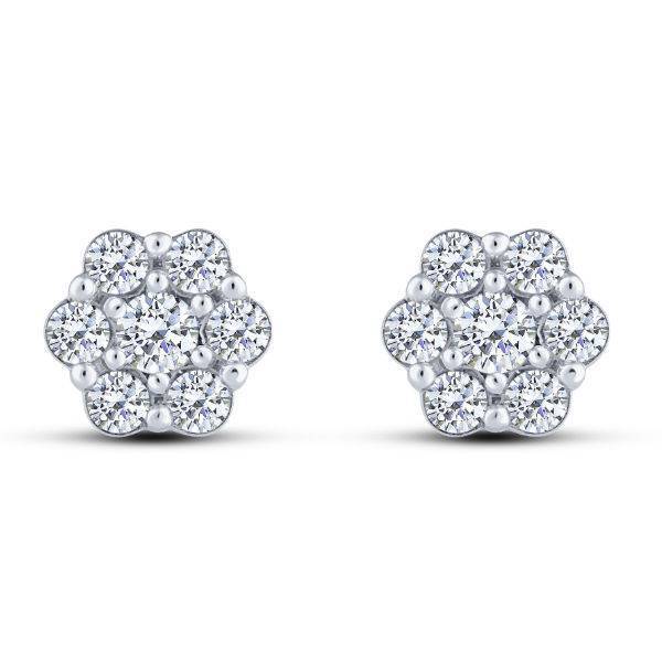 14K White Gold 0.50 CTW Round Diamond Flower Cluster Stud Earrings