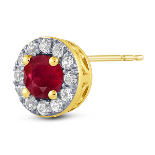 10K YELLOW GOLD ROUND SHAPED RED RUBY EARRING