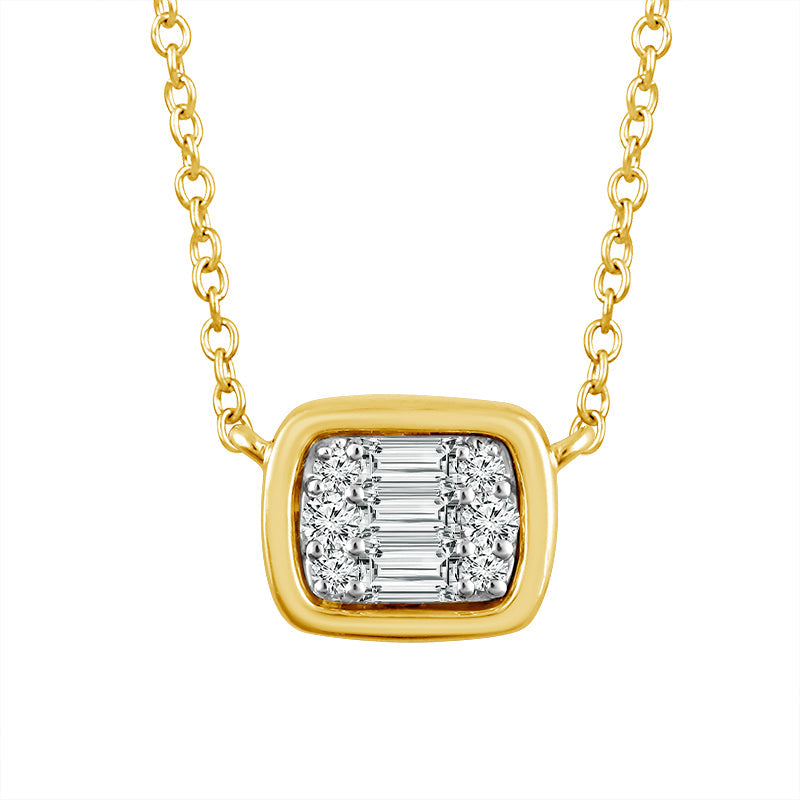 A 14K yellow gold pendant featuring a round and baguette cut diamond, attached to a gold chain.