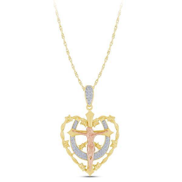 14K Tri Tone 0.25 CTW Cross & Heart Pendant