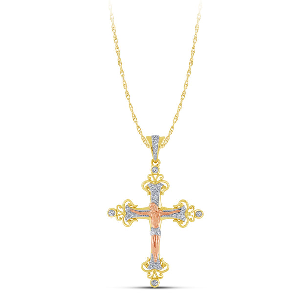 10K Tri Tone 0.20 CtW Diamond CROSS Pendant