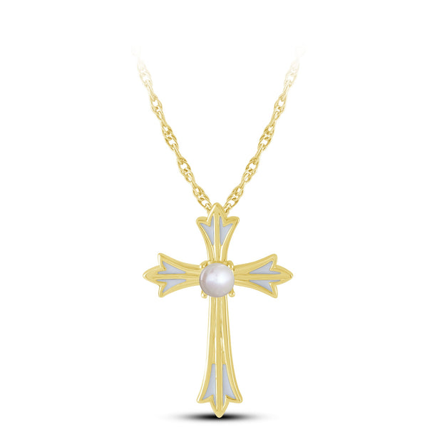 <p>14K Yellow Gold Pearl Cross Pendant </P>