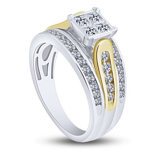 14K Two Tone 1.00 CTW Diamond Princess Quad Bridal Ring