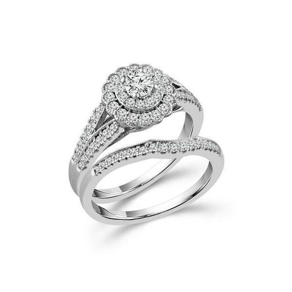 10k White Gold 3/4 ctw Diamond flower Bridal Set