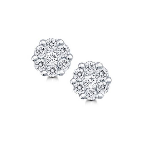 A pair of 14K white gold diamond flower earrings with a total weight of 1.00 carat.