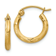 14k Satin and Diamond-cut 2mm Round Tube Hoop Earrings
