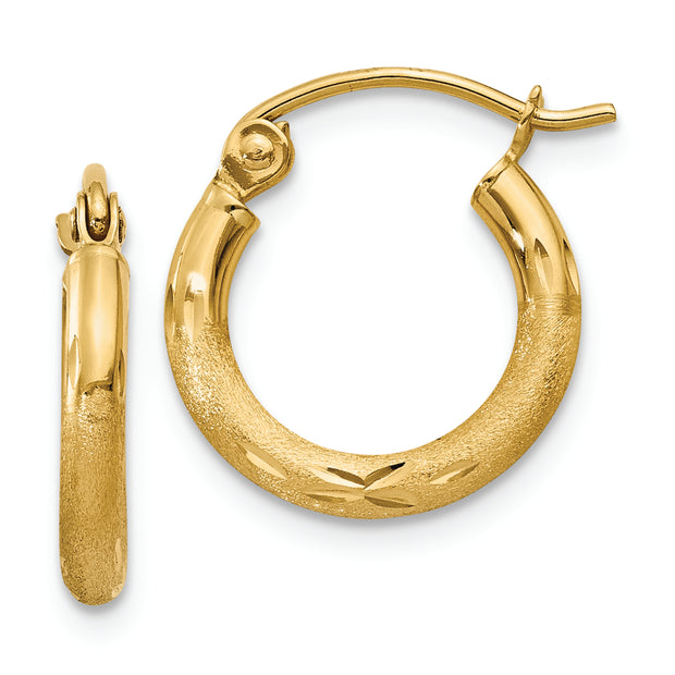 14k Satin and Diamond-cut 2mm Round Tube Hoop Earrings